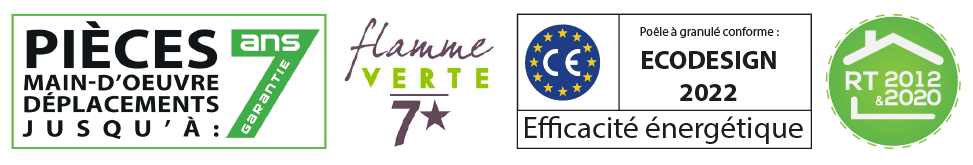 Les Poêles à granulés Pil'Poêle  Pontault-Combaultsont certifiés et garantis - RGE, garantie 7, Flamme verte, RT 2012 et éligibles à MaPrimeRénov/CEE